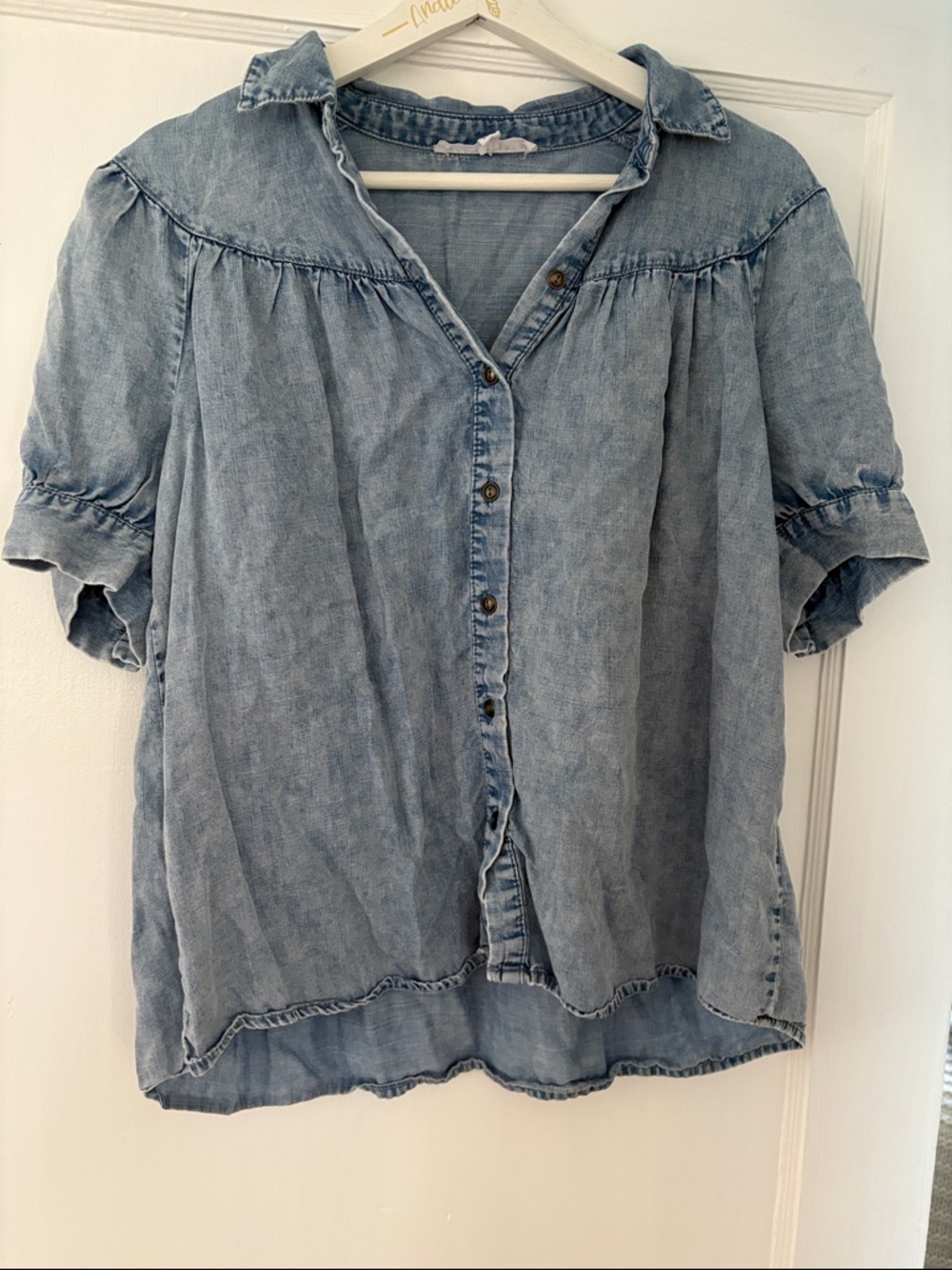 Jane and Delancey Light Blue Washed Denim Button-Front Top